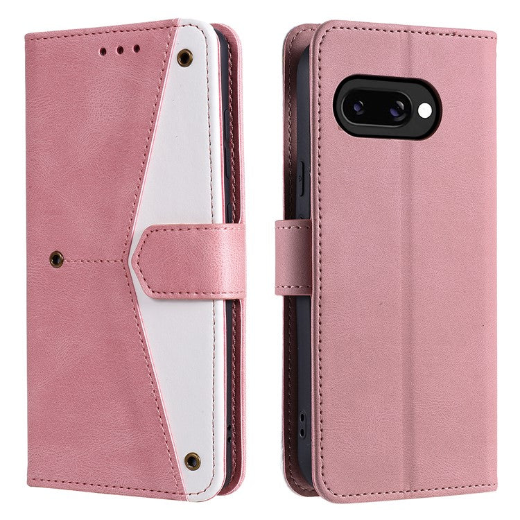 For Google Pixel 9a Leather Case Splicing Stitching Wallet Stand Phone Cover with Strap - Rose Gold