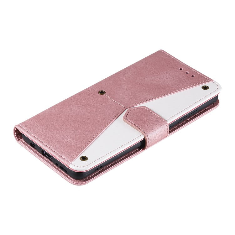 For Google Pixel 9a Leather Case Splicing Stitching Wallet Stand Phone Cover with Strap - Rose Gold