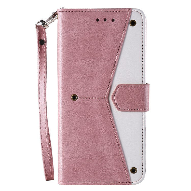 For Google Pixel 9a Leather Case Splicing Stitching Wallet Stand Phone Cover with Strap - Rose Gold