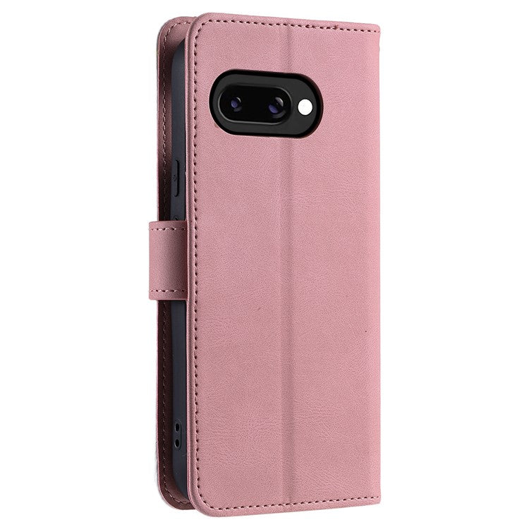 For Google Pixel 9a Leather Case Splicing Stitching Wallet Stand Phone Cover with Strap - Rose Gold