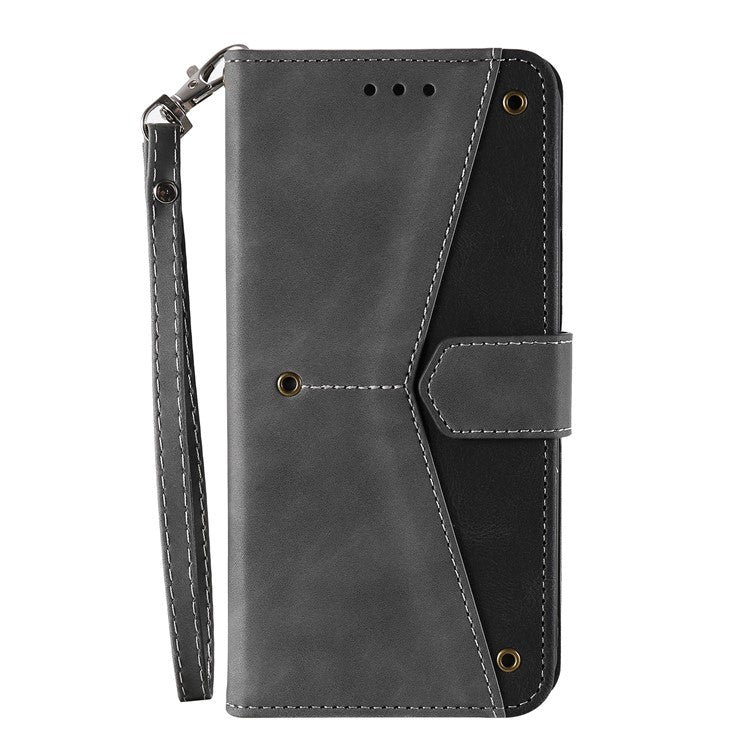 For Google Pixel 9a Leather Case Splicing Stitching Wallet Stand Phone Cover with Strap - Grey