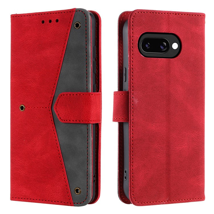 For Google Pixel 9a Leather Case Splicing Stitching Wallet Stand Phone Cover with Strap - Red