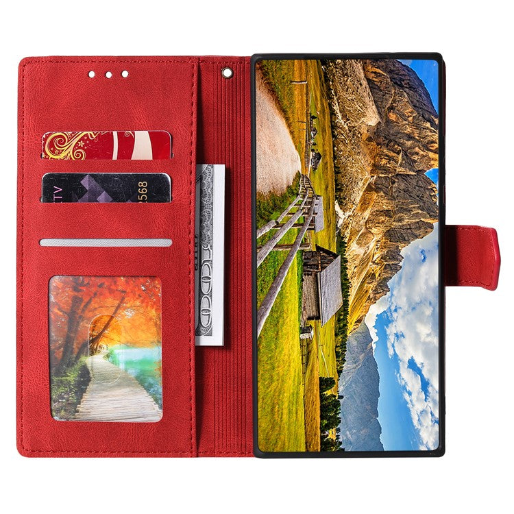 For Google Pixel 9a Leather Case Splicing Stitching Wallet Stand Phone Cover with Strap - Red