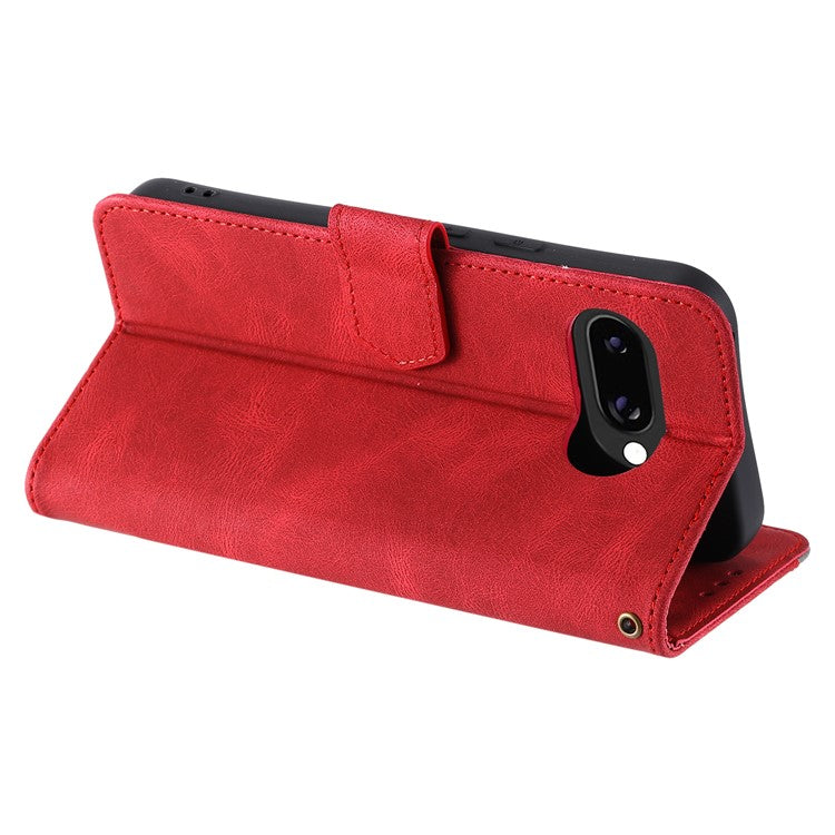 For Google Pixel 9a Leather Case Splicing Stitching Wallet Stand Phone Cover with Strap - Red