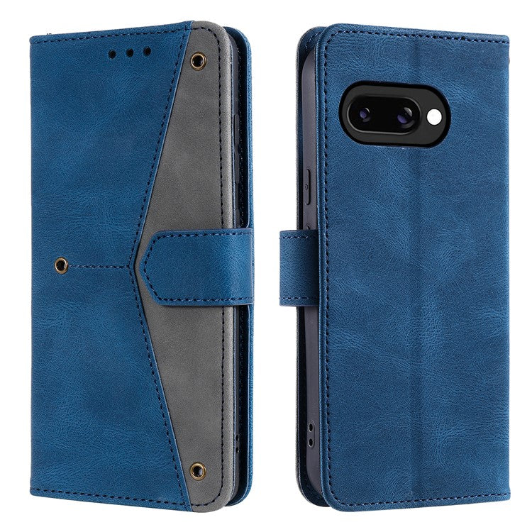 For Google Pixel 9a Leather Case Splicing Stitching Wallet Stand Phone Cover with Strap - Blue