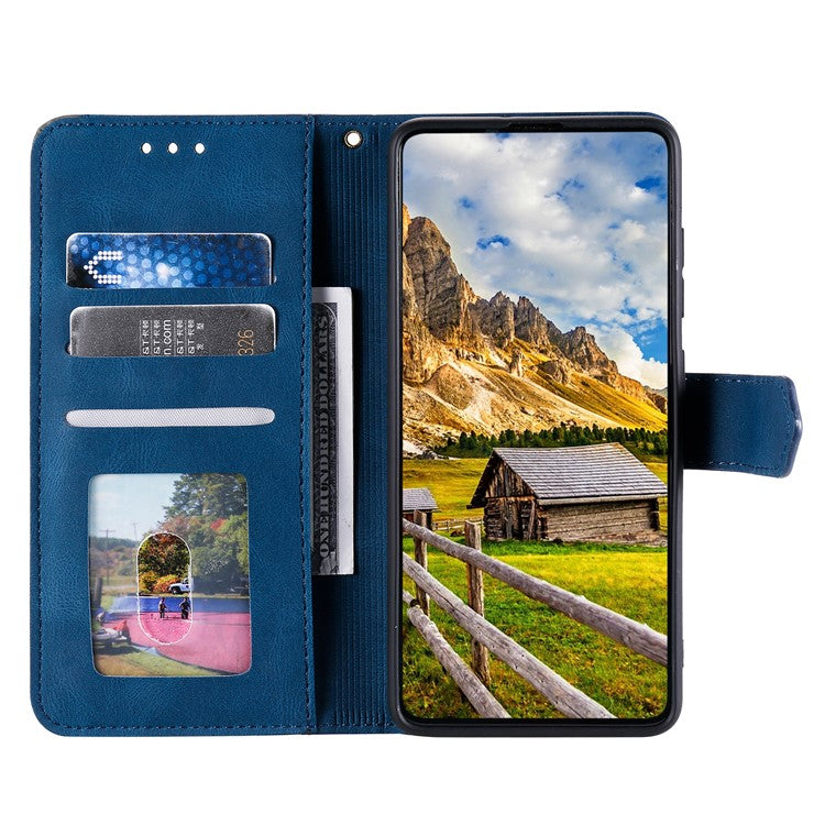 For Google Pixel 9a Leather Case Splicing Stitching Wallet Stand Phone Cover with Strap - Blue