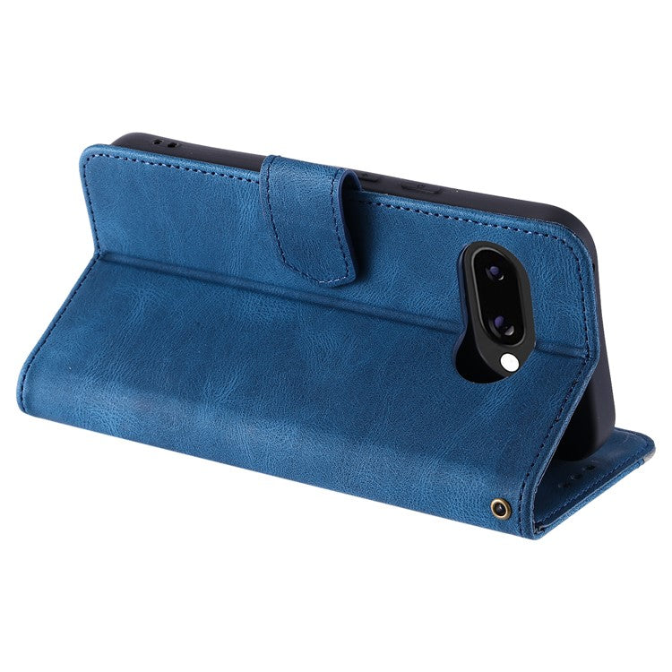 For Google Pixel 9a Leather Case Splicing Stitching Wallet Stand Phone Cover with Strap - Blue