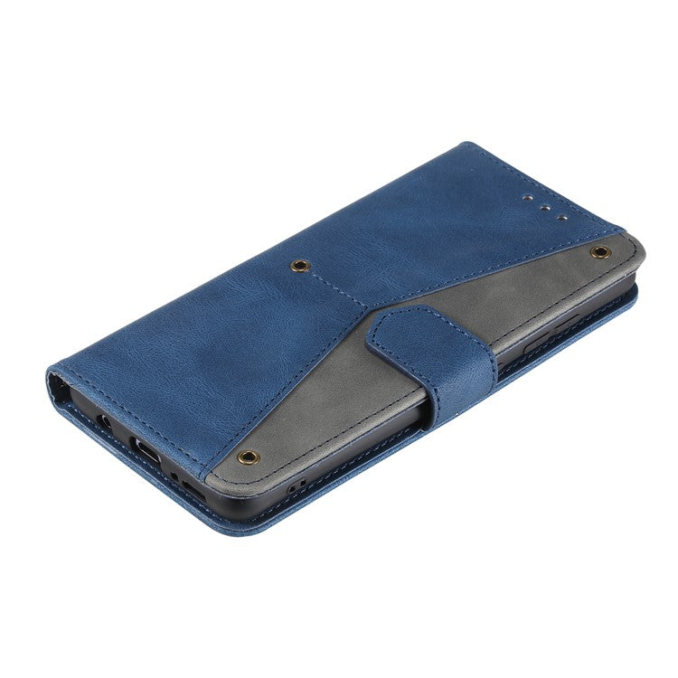 For Google Pixel 9a Leather Case Splicing Stitching Wallet Stand Phone Cover with Strap - Blue