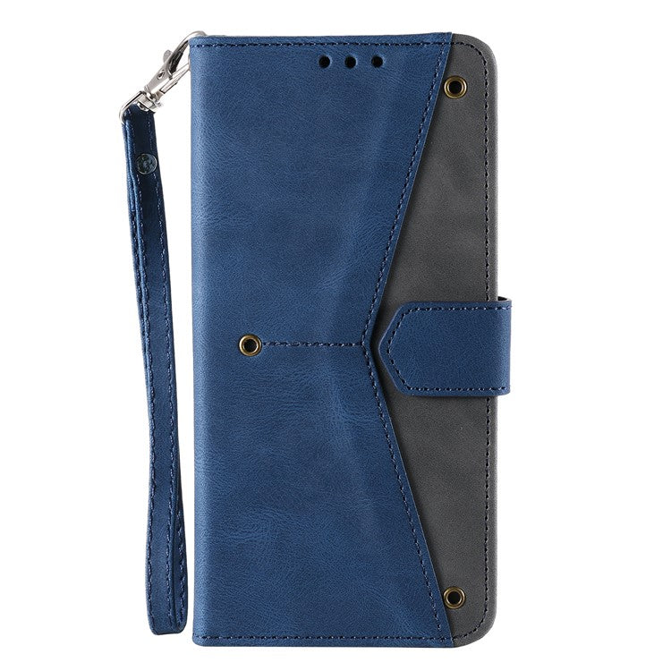 For Google Pixel 9a Leather Case Splicing Stitching Wallet Stand Phone Cover with Strap - Blue