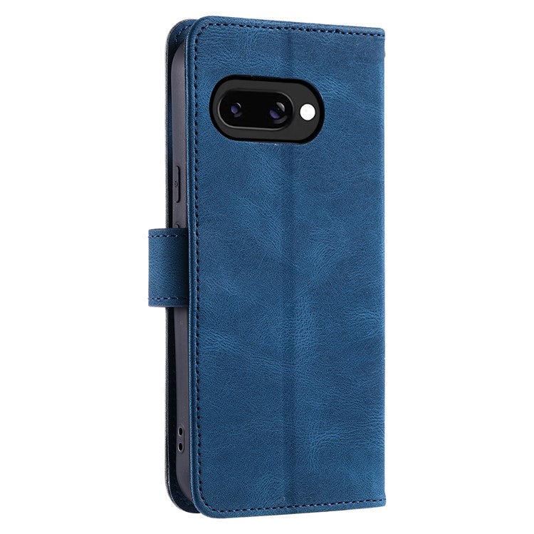 For Google Pixel 9a Leather Case Splicing Stitching Wallet Stand Phone Cover with Strap - Blue