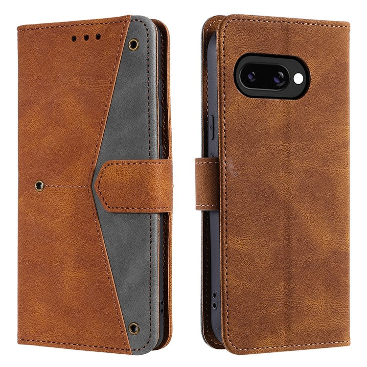 For Google Pixel 9a Leather Case Splicing Stitching Wallet Stand Phone Cover with Strap - Brown