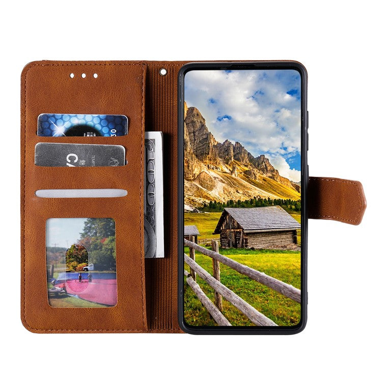 For Google Pixel 9a Leather Case Splicing Stitching Wallet Stand Phone Cover with Strap - Brown