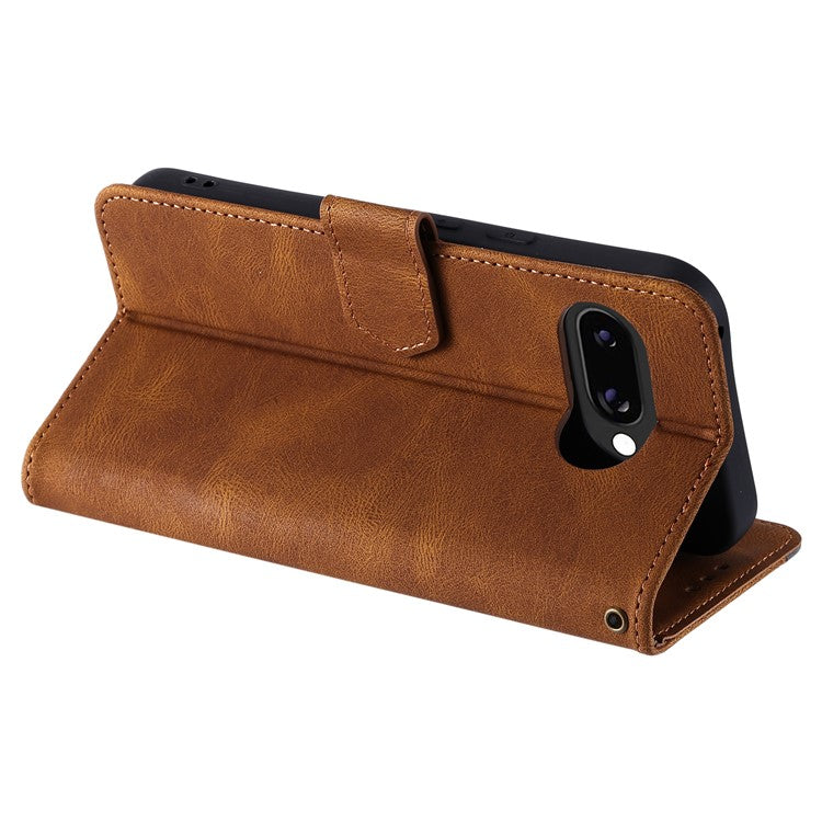 For Google Pixel 9a Leather Case Splicing Stitching Wallet Stand Phone Cover with Strap - Brown