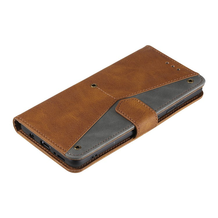 For Google Pixel 9a Leather Case Splicing Stitching Wallet Stand Phone Cover with Strap - Brown