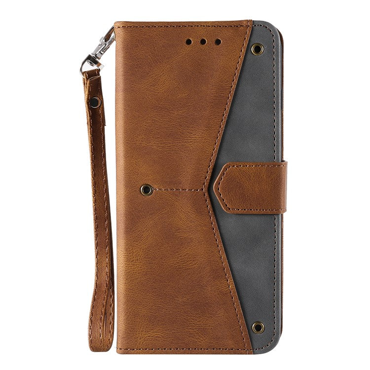 For Google Pixel 9a Leather Case Splicing Stitching Wallet Stand Phone Cover with Strap - Brown