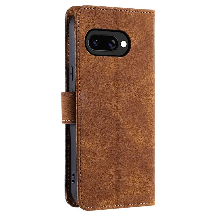 For Google Pixel 9a Leather Case Splicing Stitching Wallet Stand Phone Cover with Strap - Brown