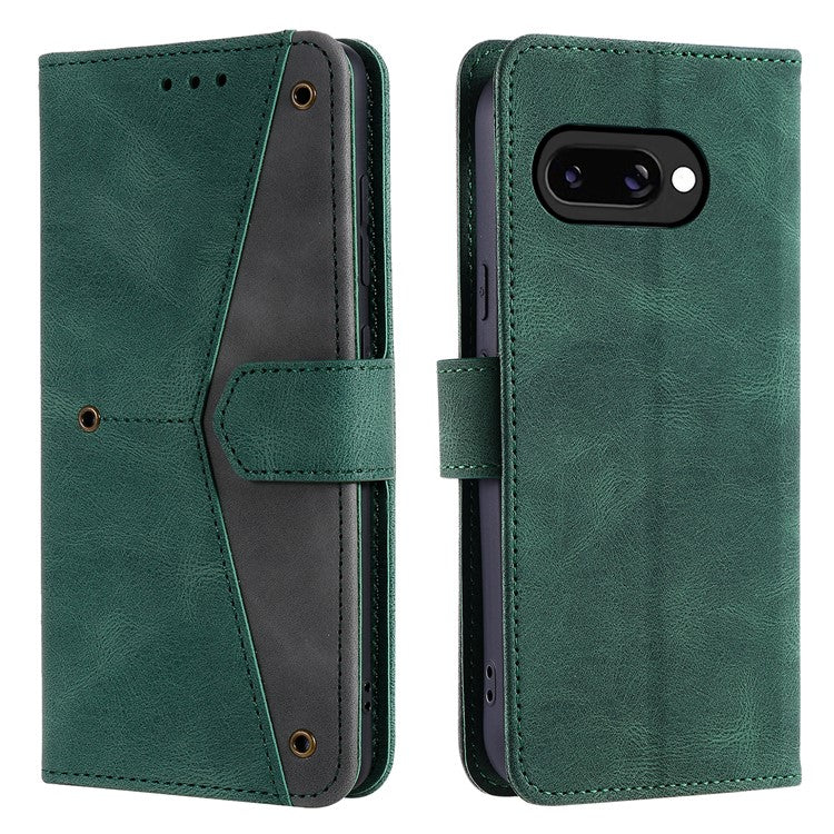 For Google Pixel 9a Leather Case Splicing Stitching Wallet Stand Phone Cover with Strap - Green