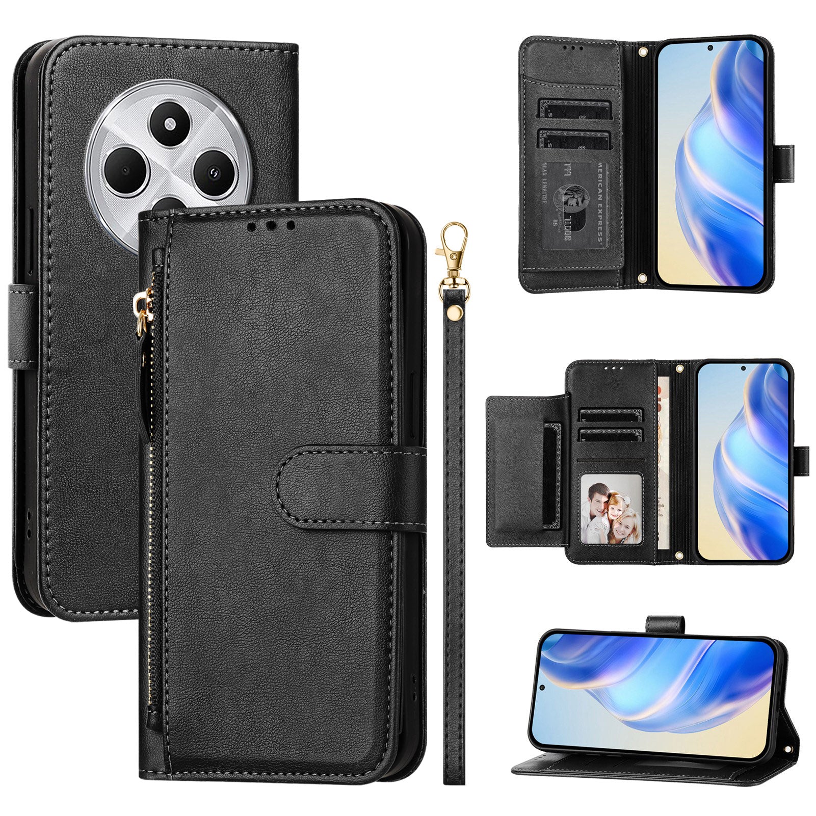 For Xiaomi Redmi 14R 5G / Xiaomi Poco C75 4G / Xiaomi Redmi 14C 4G Case Zipper Pocket Multiple Card Slots Leather Phone Cover - Black