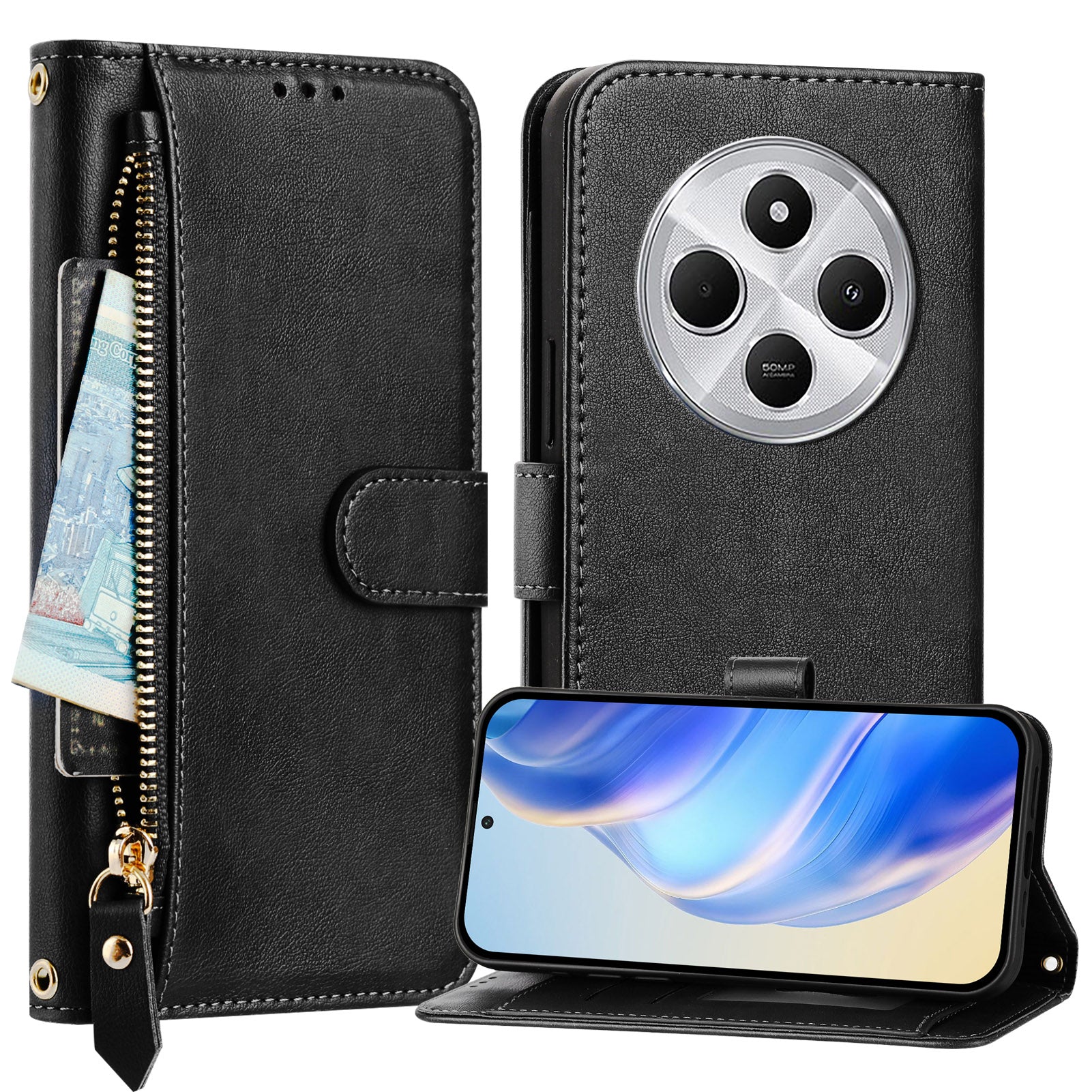 For Xiaomi Redmi 14R 5G / Xiaomi Poco C75 4G / Xiaomi Redmi 14C 4G Case Zipper Pocket Multiple Card Slots Leather Phone Cover - Black