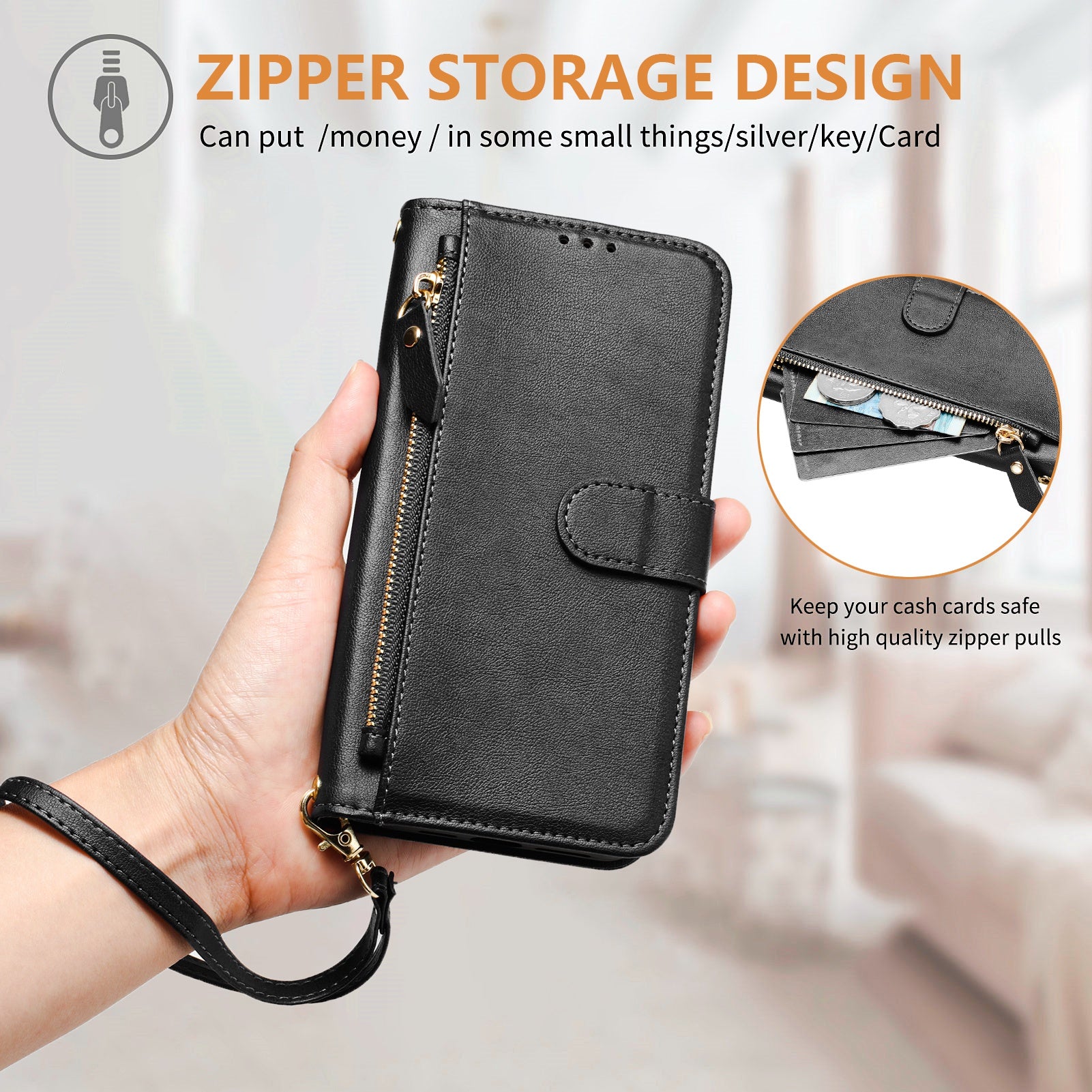 For Xiaomi Redmi 14R 5G / Xiaomi Poco C75 4G / Xiaomi Redmi 14C 4G Case Zipper Pocket Multiple Card Slots Leather Phone Cover - Black