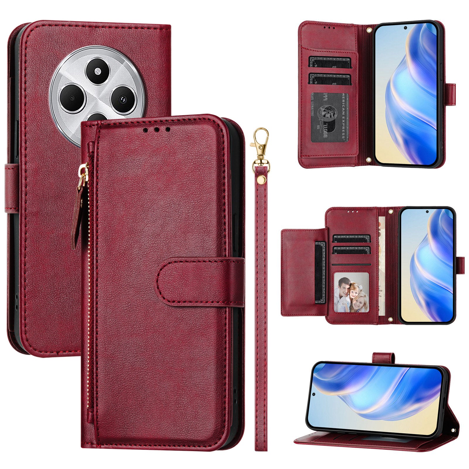 For Xiaomi Redmi 14R 5G / Xiaomi Poco C75 4G / Xiaomi Redmi 14C 4G Case Zipper Pocket Multiple Card Slots Leather Phone Cover - Red