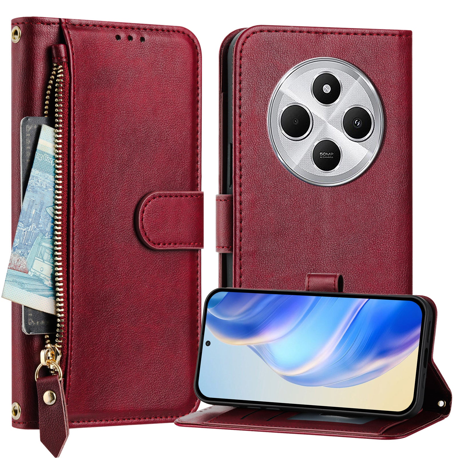 For Xiaomi Redmi 14R 5G / Xiaomi Poco C75 4G / Xiaomi Redmi 14C 4G Case Zipper Pocket Multiple Card Slots Leather Phone Cover - Red