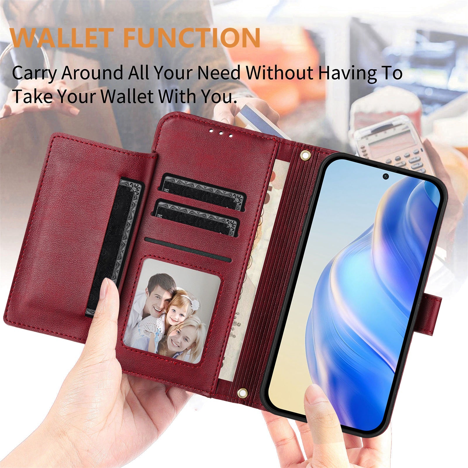 For Xiaomi Redmi 14R 5G / Xiaomi Poco C75 4G / Xiaomi Redmi 14C 4G Case Zipper Pocket Multiple Card Slots Leather Phone Cover - Red