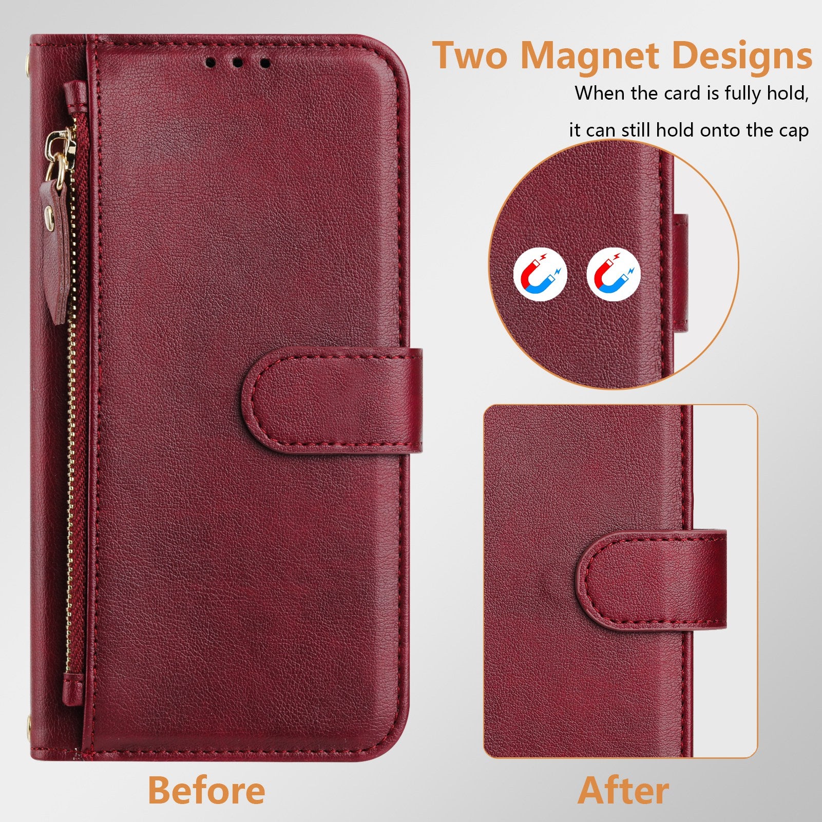 For Xiaomi Redmi 14R 5G / Xiaomi Poco C75 4G / Xiaomi Redmi 14C 4G Case Zipper Pocket Multiple Card Slots Leather Phone Cover - Red