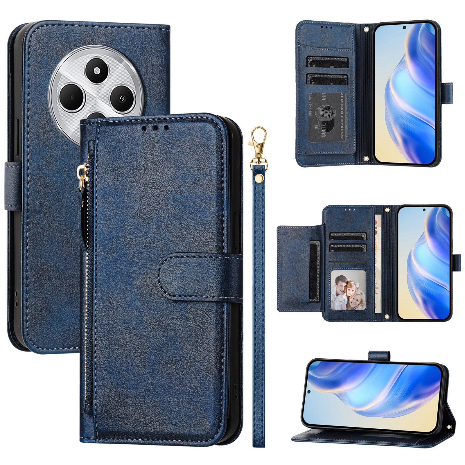 For Xiaomi Redmi 14R 5G / Xiaomi Poco C75 4G / Xiaomi Redmi 14C 4G Case Zipper Pocket Multiple Card Slots Leather Phone Cover - Blue