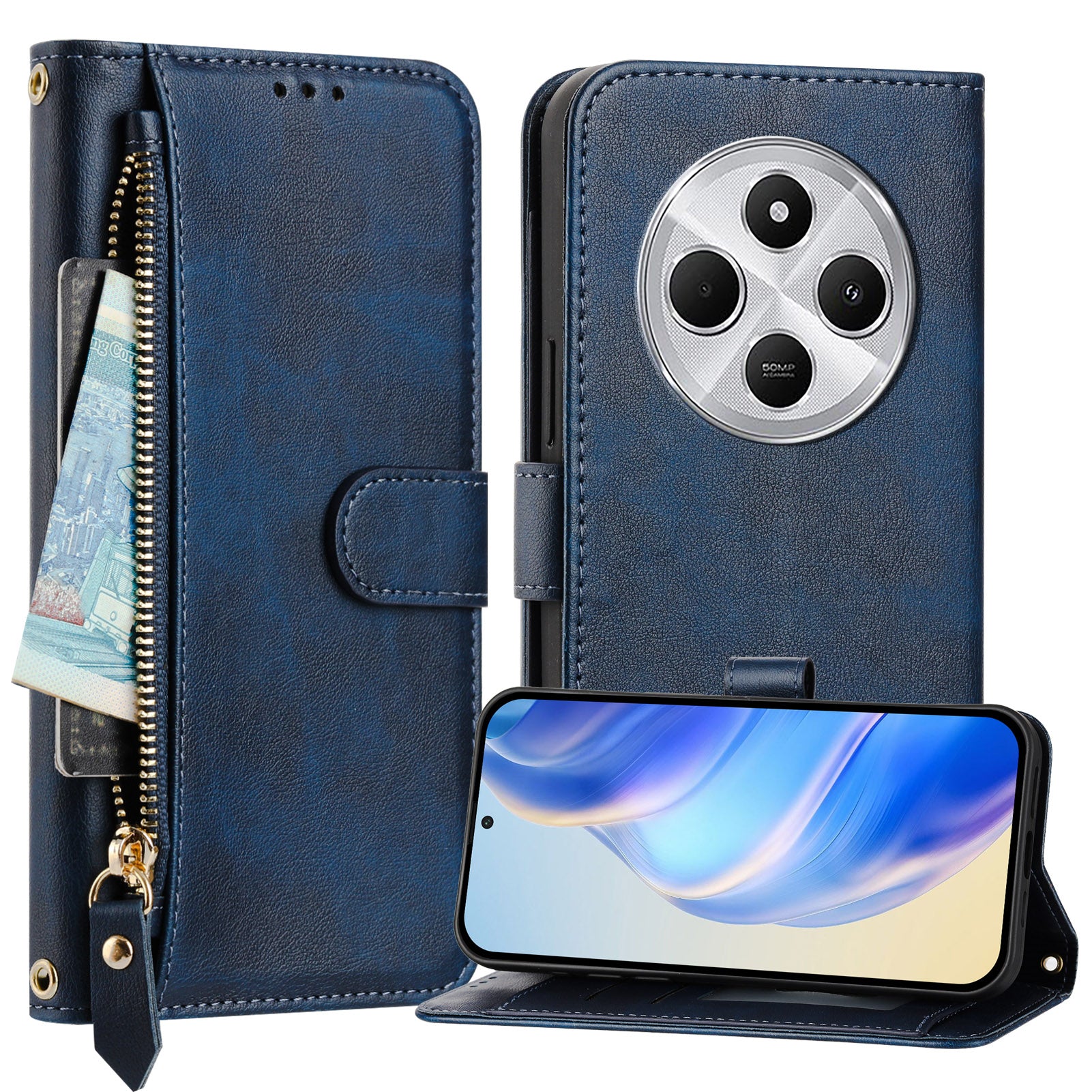 For Xiaomi Redmi 14R 5G / Xiaomi Poco C75 4G / Xiaomi Redmi 14C 4G Case Zipper Pocket Multiple Card Slots Leather Phone Cover - Blue