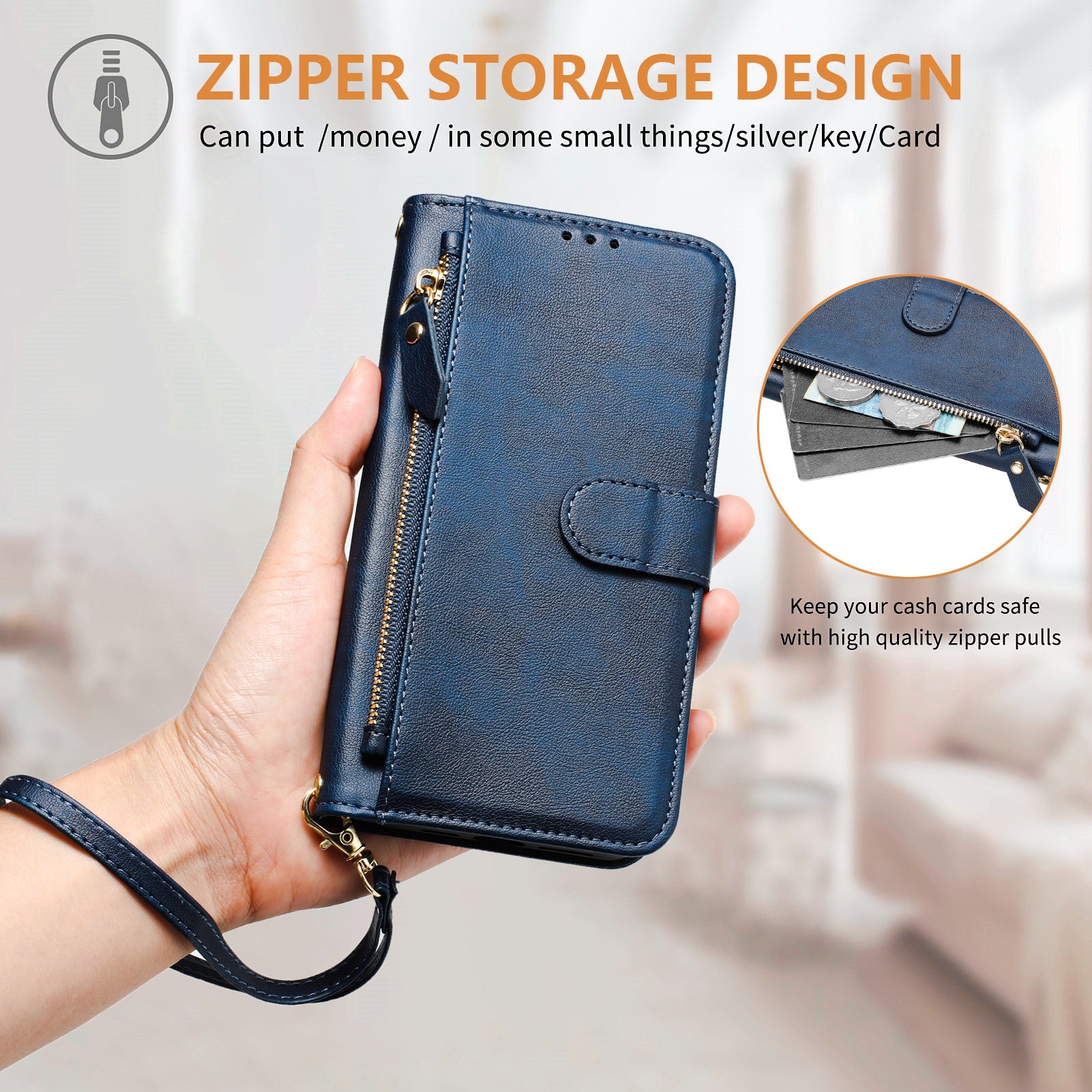 For Xiaomi Redmi 14R 5G / Xiaomi Poco C75 4G / Xiaomi Redmi 14C 4G Case Zipper Pocket Multiple Card Slots Leather Phone Cover - Blue