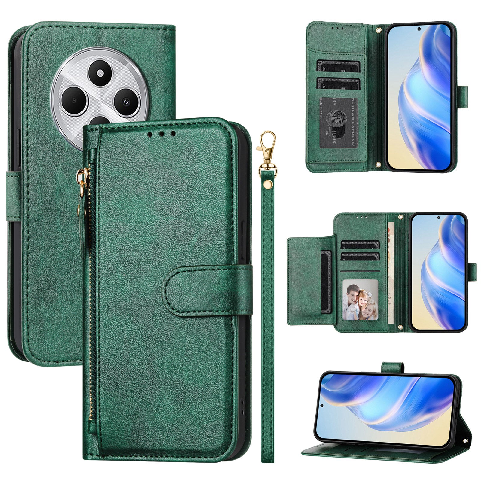 For Xiaomi Redmi 14R 5G / Xiaomi Poco C75 4G / Xiaomi Redmi 14C 4G Case Zipper Pocket Multiple Card Slots Leather Phone Cover - Green