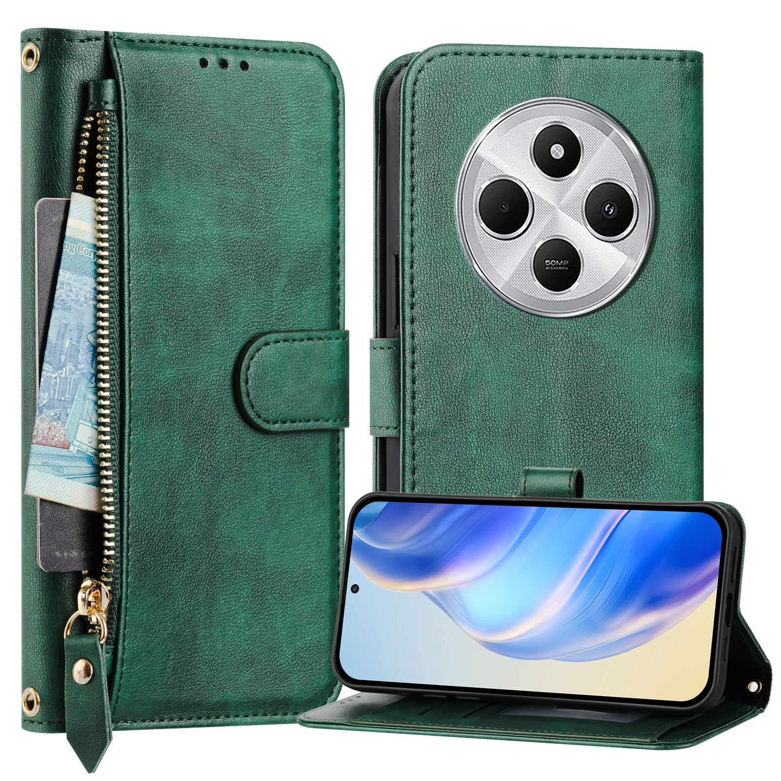 For Xiaomi Redmi 14R 5G / Xiaomi Poco C75 4G / Xiaomi Redmi 14C 4G Case Zipper Pocket Multiple Card Slots Leather Phone Cover - Green