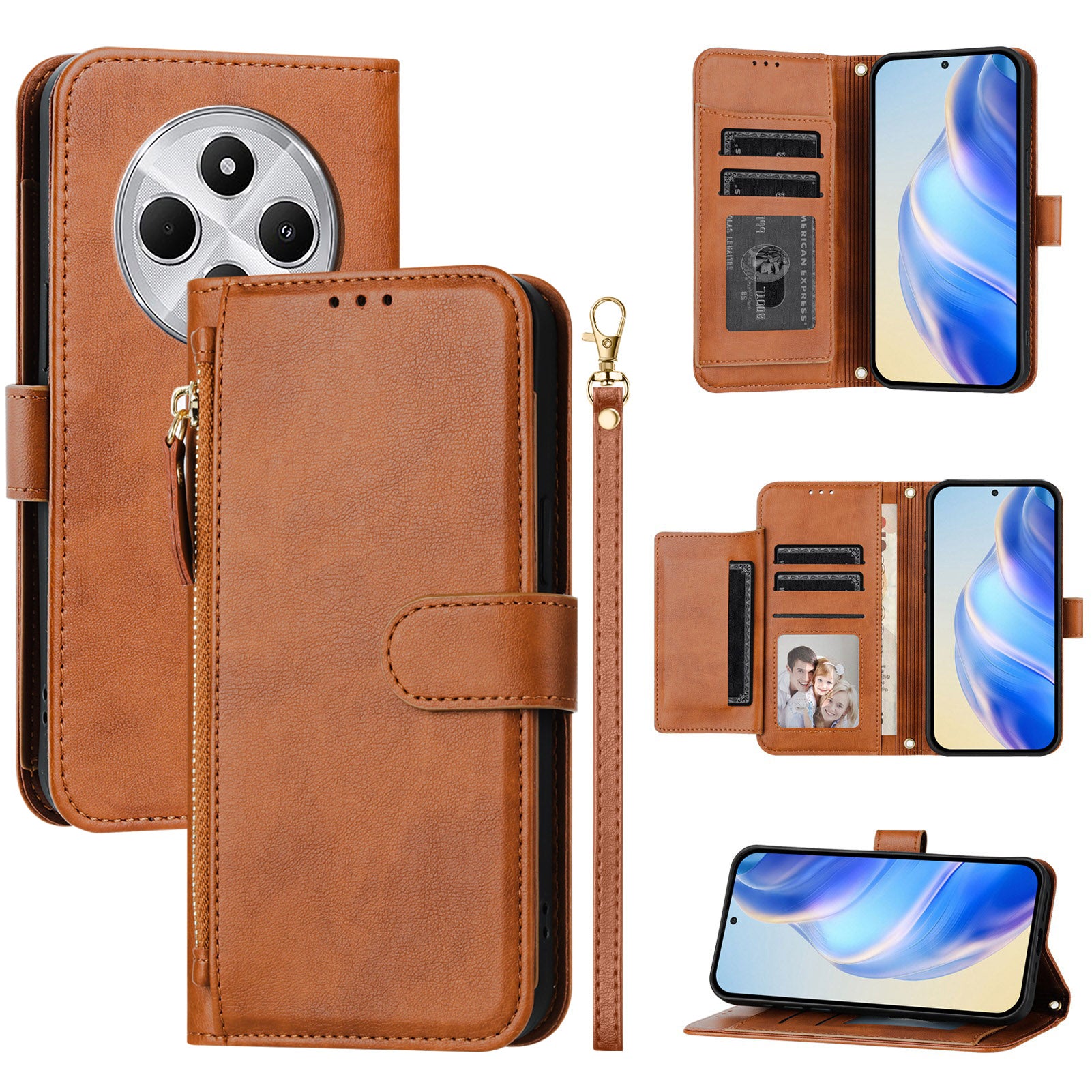 For Xiaomi Redmi 14R 5G / Xiaomi Poco C75 4G / Xiaomi Redmi 14C 4G Case Zipper Pocket Multiple Card Slots Leather Phone Cover - Brown