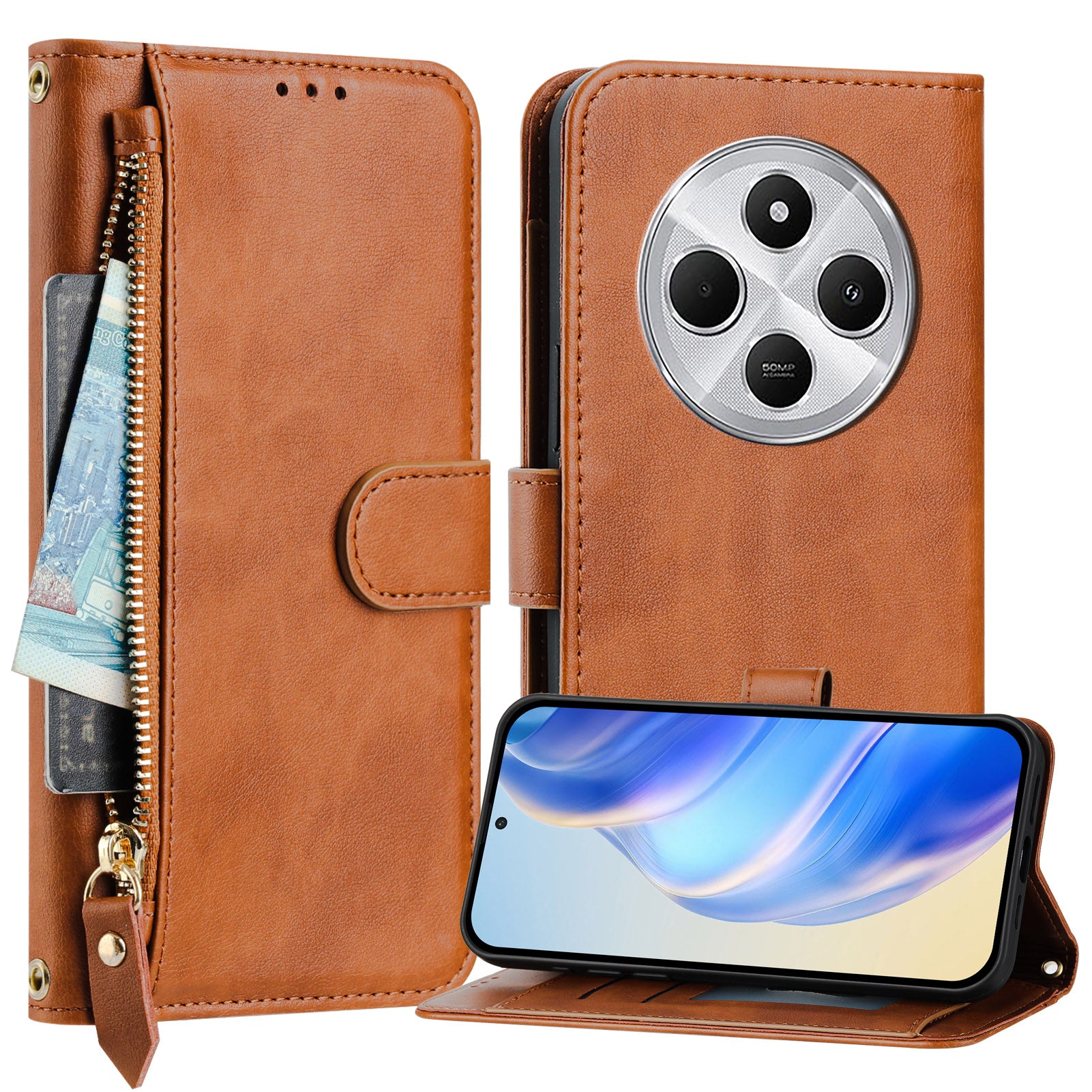 For Xiaomi Redmi 14R 5G / Xiaomi Poco C75 4G / Xiaomi Redmi 14C 4G Case Zipper Pocket Multiple Card Slots Leather Phone Cover - Brown