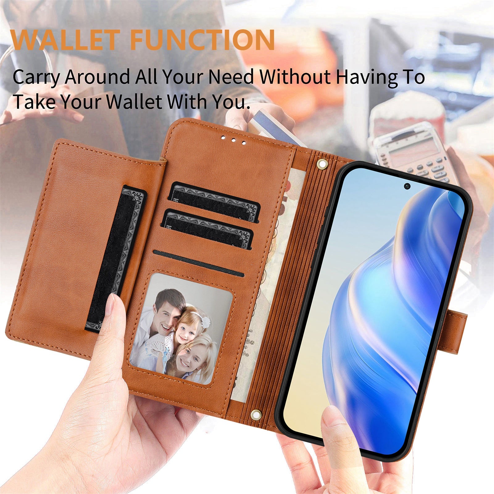 For Xiaomi Redmi 14R 5G / Xiaomi Poco C75 4G / Xiaomi Redmi 14C 4G Case Zipper Pocket Multiple Card Slots Leather Phone Cover - Brown