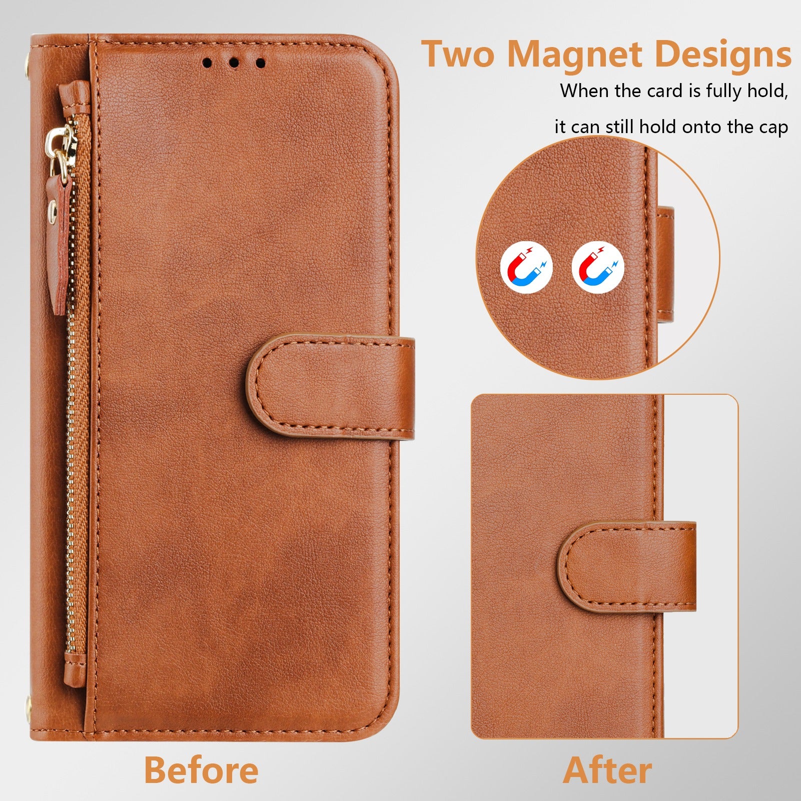 For Xiaomi Redmi 14R 5G / Xiaomi Poco C75 4G / Xiaomi Redmi 14C 4G Case Zipper Pocket Multiple Card Slots Leather Phone Cover - Brown