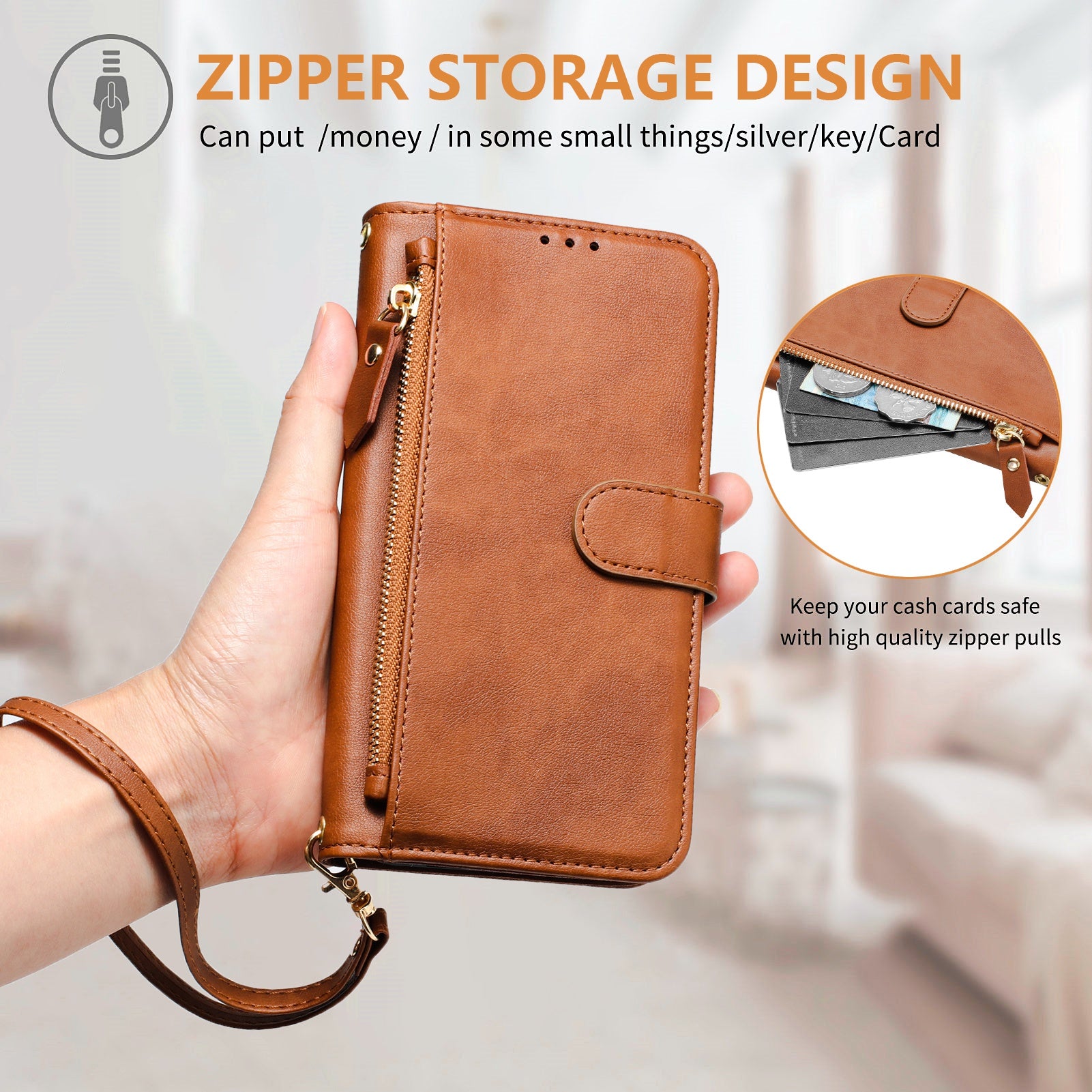 For Xiaomi Redmi 14R 5G / Xiaomi Poco C75 4G / Xiaomi Redmi 14C 4G Case Zipper Pocket Multiple Card Slots Leather Phone Cover - Brown