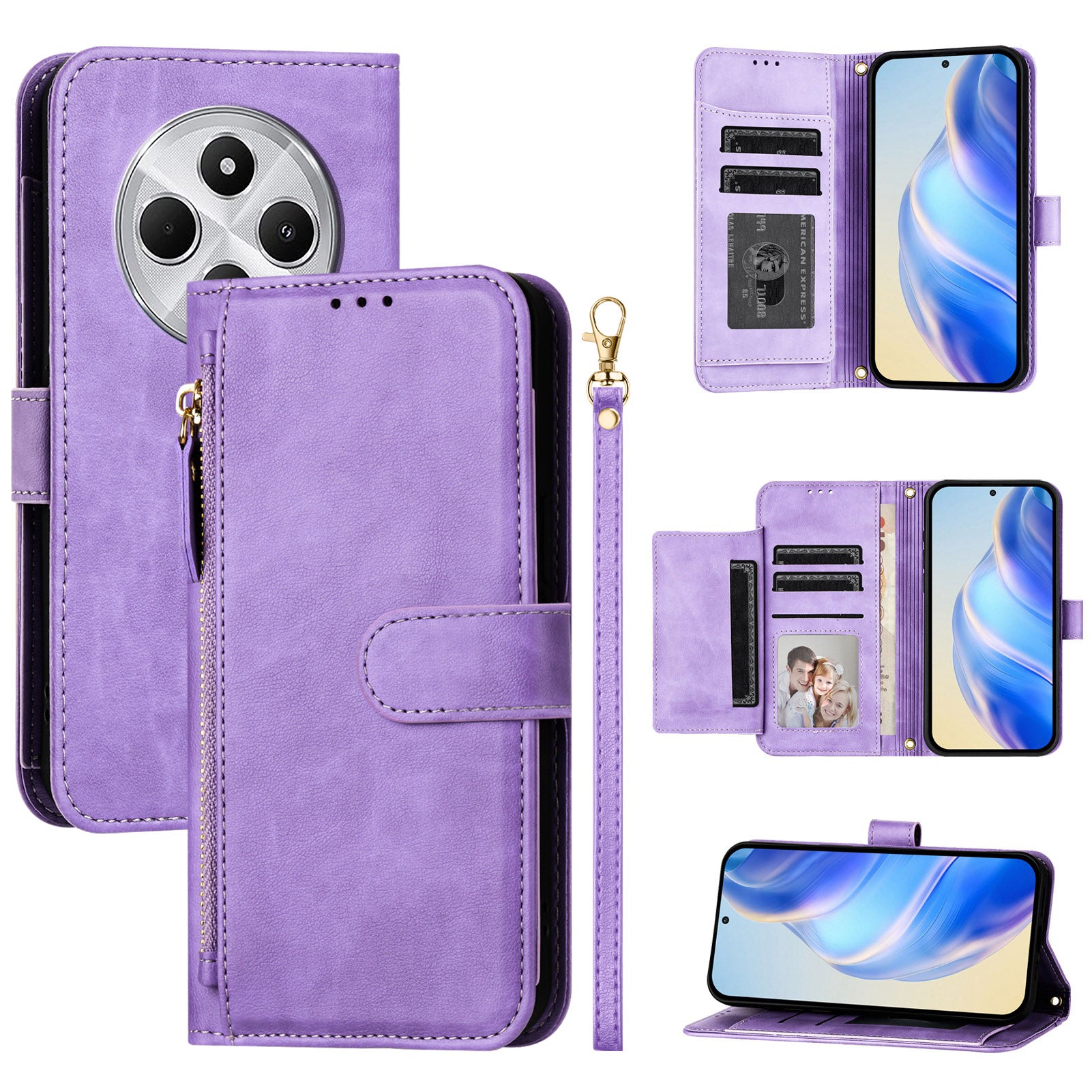 For Xiaomi Redmi 14R 5G / Xiaomi Poco C75 4G / Xiaomi Redmi 14C 4G Case Zipper Pocket Multiple Card Slots Leather Phone Cover - Purple