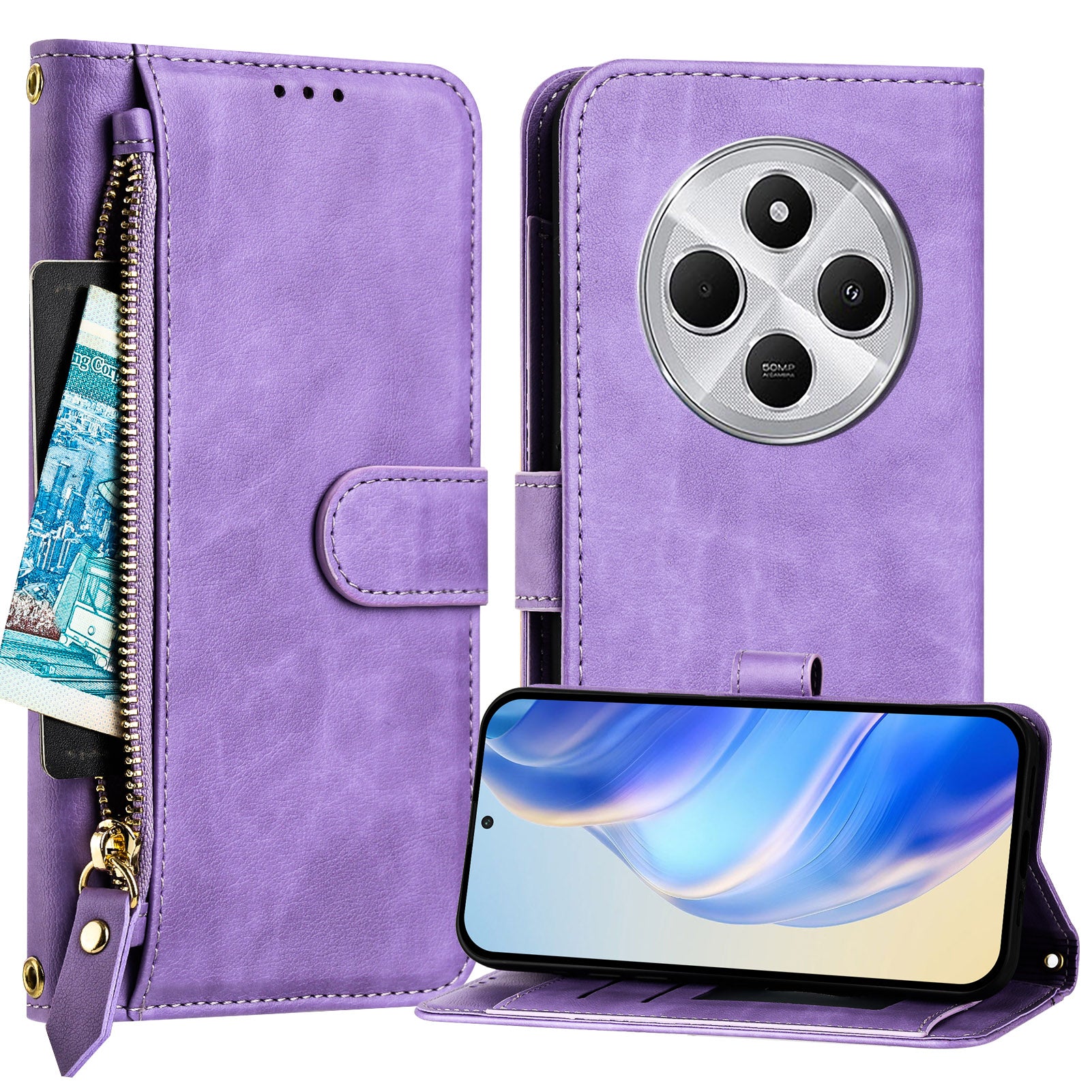 For Xiaomi Redmi 14R 5G / Xiaomi Poco C75 4G / Xiaomi Redmi 14C 4G Case Zipper Pocket Multiple Card Slots Leather Phone Cover - Purple