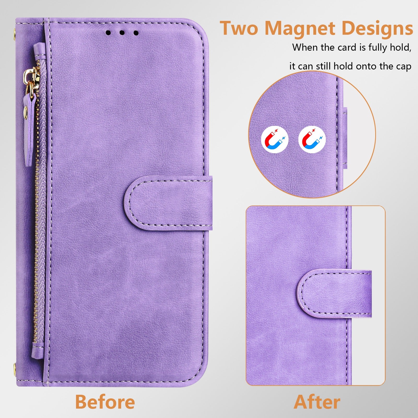 For Xiaomi Redmi 14R 5G / Xiaomi Poco C75 4G / Xiaomi Redmi 14C 4G Case Zipper Pocket Multiple Card Slots Leather Phone Cover - Purple