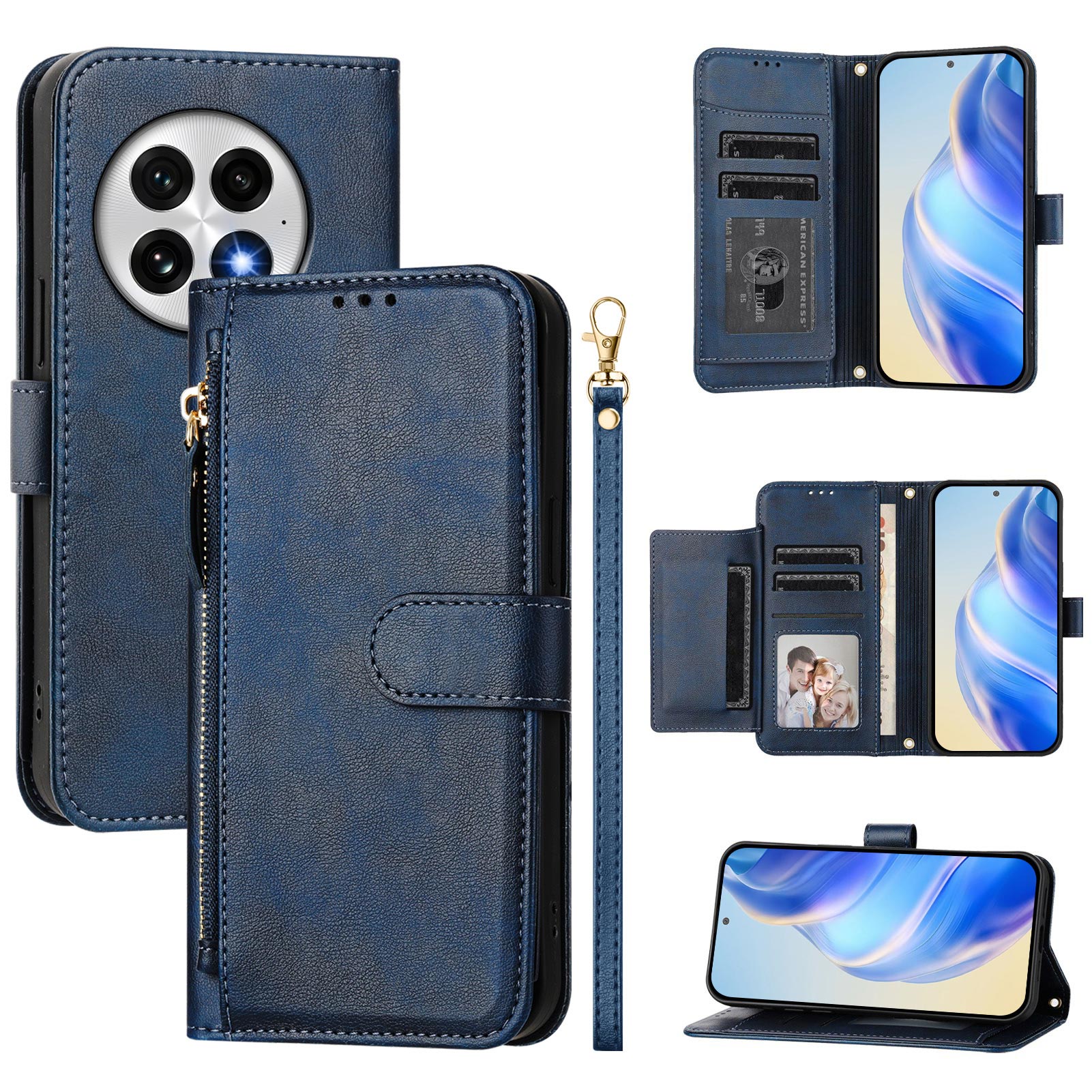 For OnePlus 13 Case Zipper Pocket Multiple Card Slots Leather Phone Cover - Blue