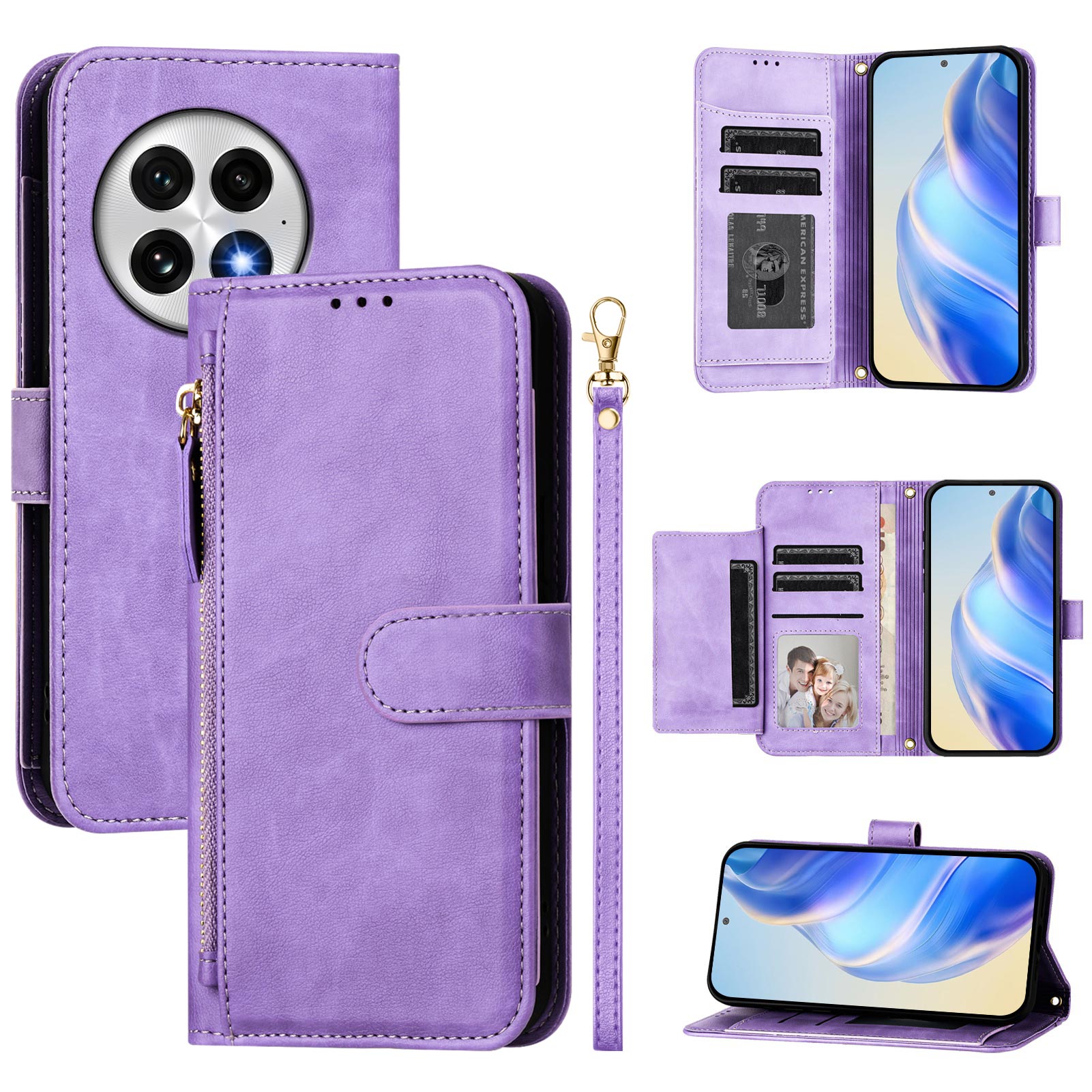 For OnePlus 13 Case Zipper Pocket Multiple Card Slots Leather Phone Cover - Purple