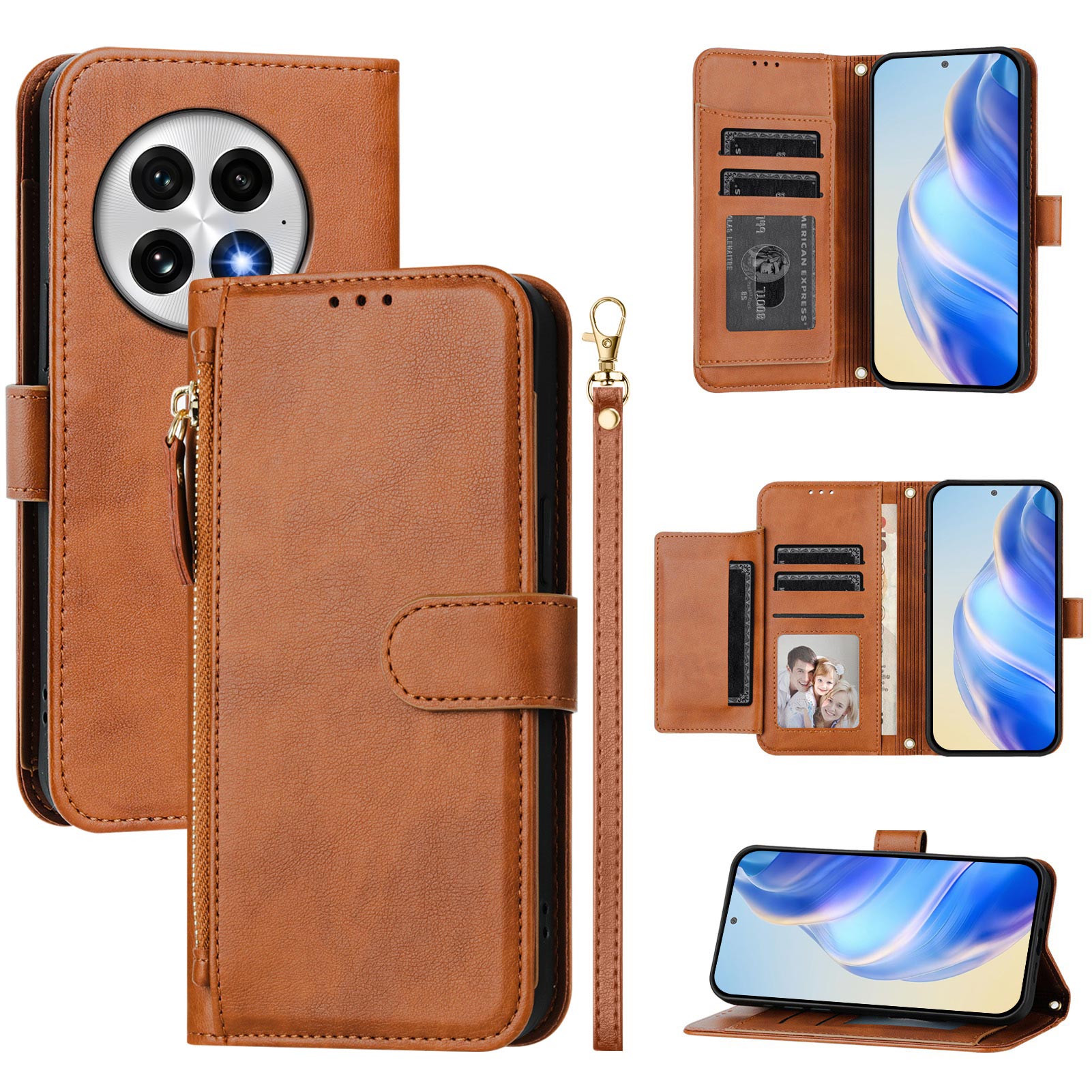 For OnePlus 13 Case Zipper Pocket Multiple Card Slots Leather Phone Cover - Brown