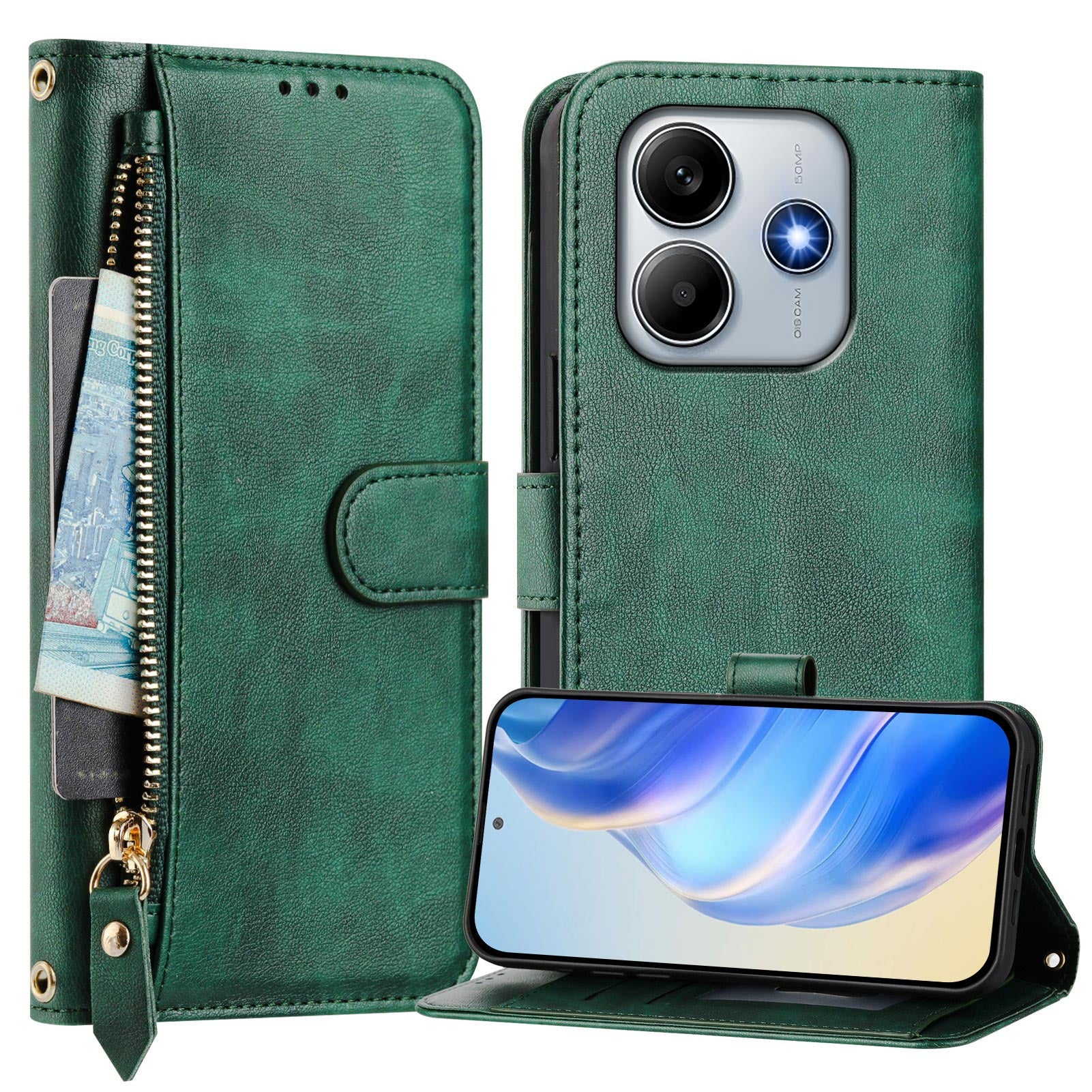 For Xiaomi Redmi Note 14 5G Case Zipper Pocket Multiple Card Slots Leather Phone Cover - Green