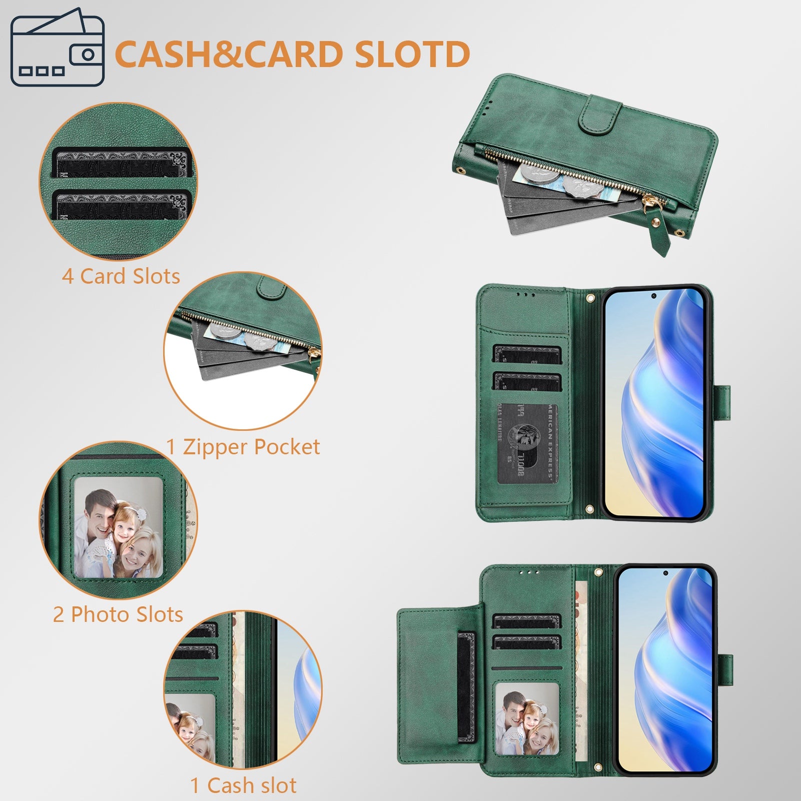 For Xiaomi Redmi Note 14 5G Case Zipper Pocket Multiple Card Slots Leather Phone Cover - Green