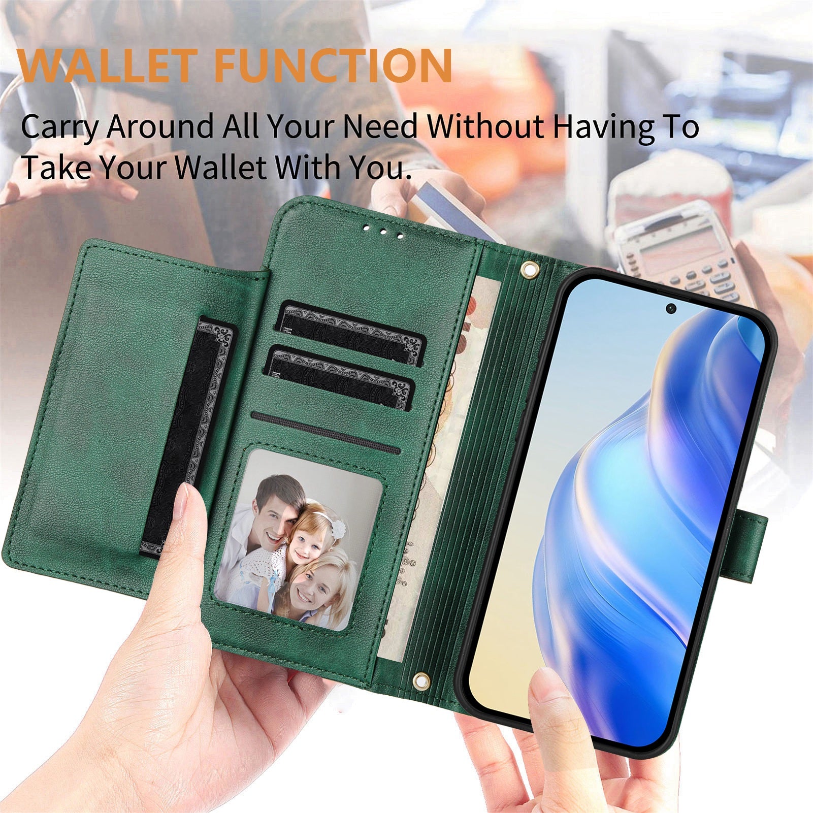 For Xiaomi Redmi Note 14 5G Case Zipper Pocket Multiple Card Slots Leather Phone Cover - Green