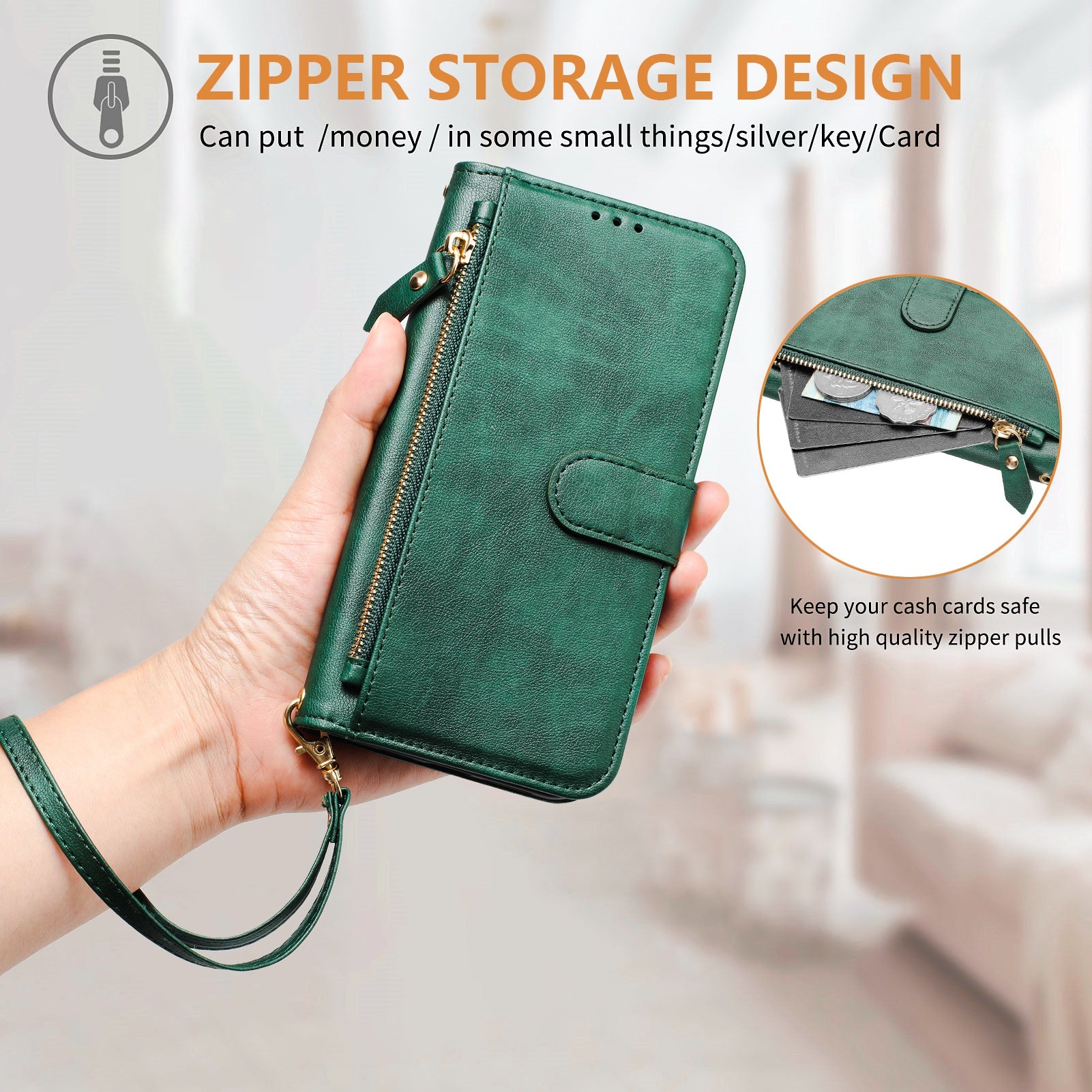 For Xiaomi Redmi Note 14 5G Case Zipper Pocket Multiple Card Slots Leather Phone Cover - Green