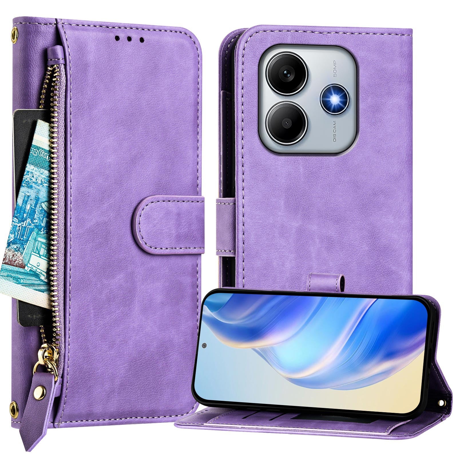 For Xiaomi Redmi Note 14 5G Case Zipper Pocket Multiple Card Slots Leather Phone Cover - Purple