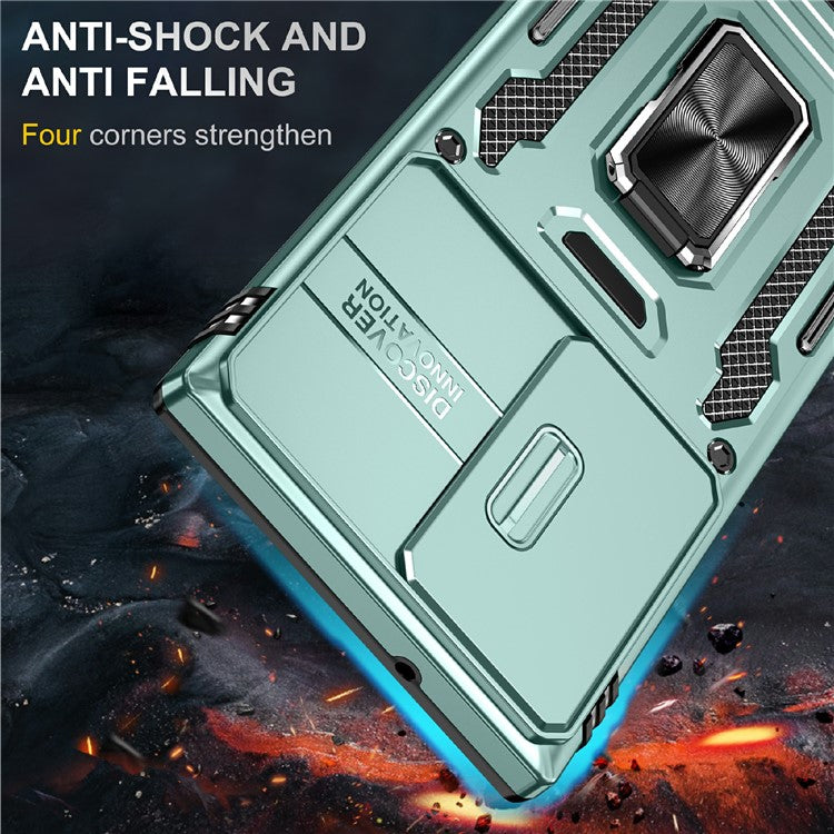 For Samsung Galaxy S25 Ultra Case Kickstand Slide Lens Lid PC+TPU Drop-Proof Phone Cover - Green